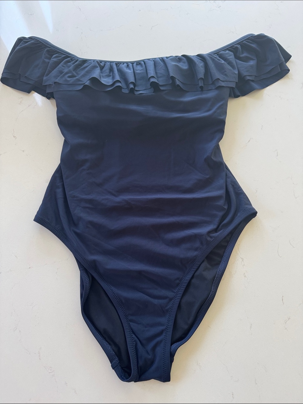 J Crew Women's Navy Off-Shoulder Ruffle One-Piece Swimsuit - NWT ✨